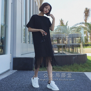 寬松顯瘦中長款 藤堂加大碼 原宿風(fēng)流蘇T恤裙 女連衣裙子 夏裝 短袖