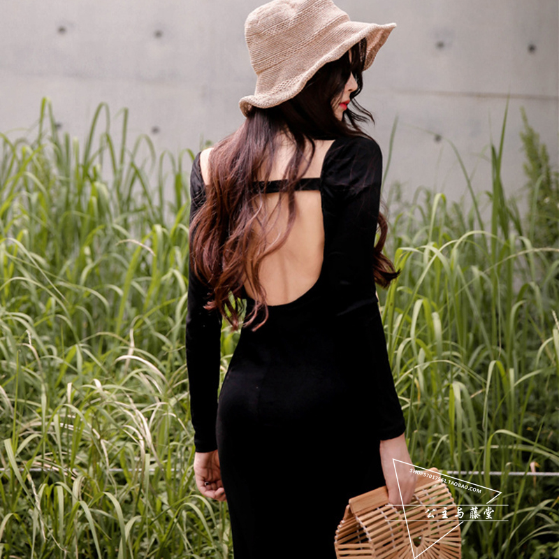 秋季韩版包臀露背大摆长款连衣裙