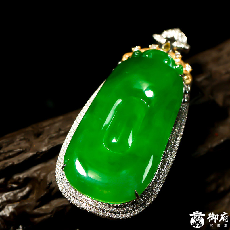 【御府】缅甸翡翠18k金钻镶冰种满绿玉坠玉石挂件玉雕吊坠福贝