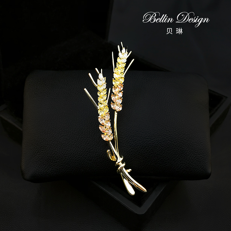 高档锆石镶嵌麦穗胸针大气奢华