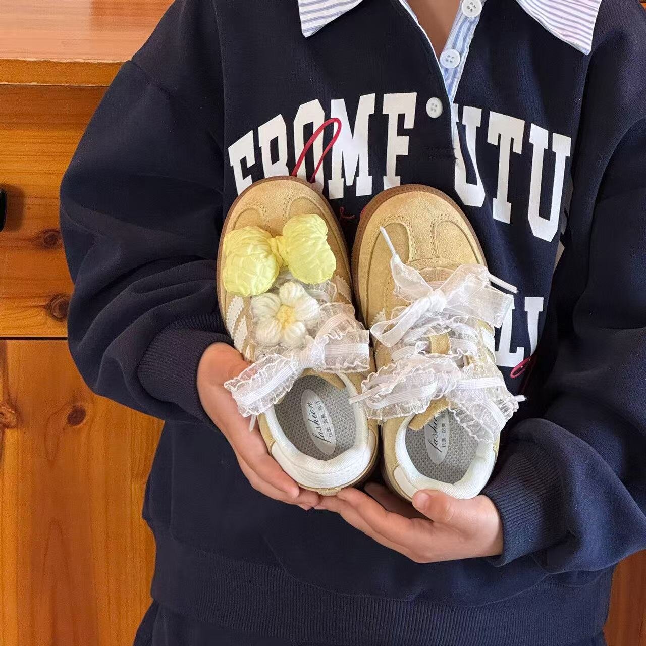 2026 Spring New Children's Shoes German Training Shoes Girls' Sneakers Genuine Leather Casual Shoes Princess Shoes Soft Sole Bowknot