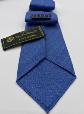 LORO PIANA SUMMERTIME 丝毛麻面料 宝蓝色人字纹手工卷边领带