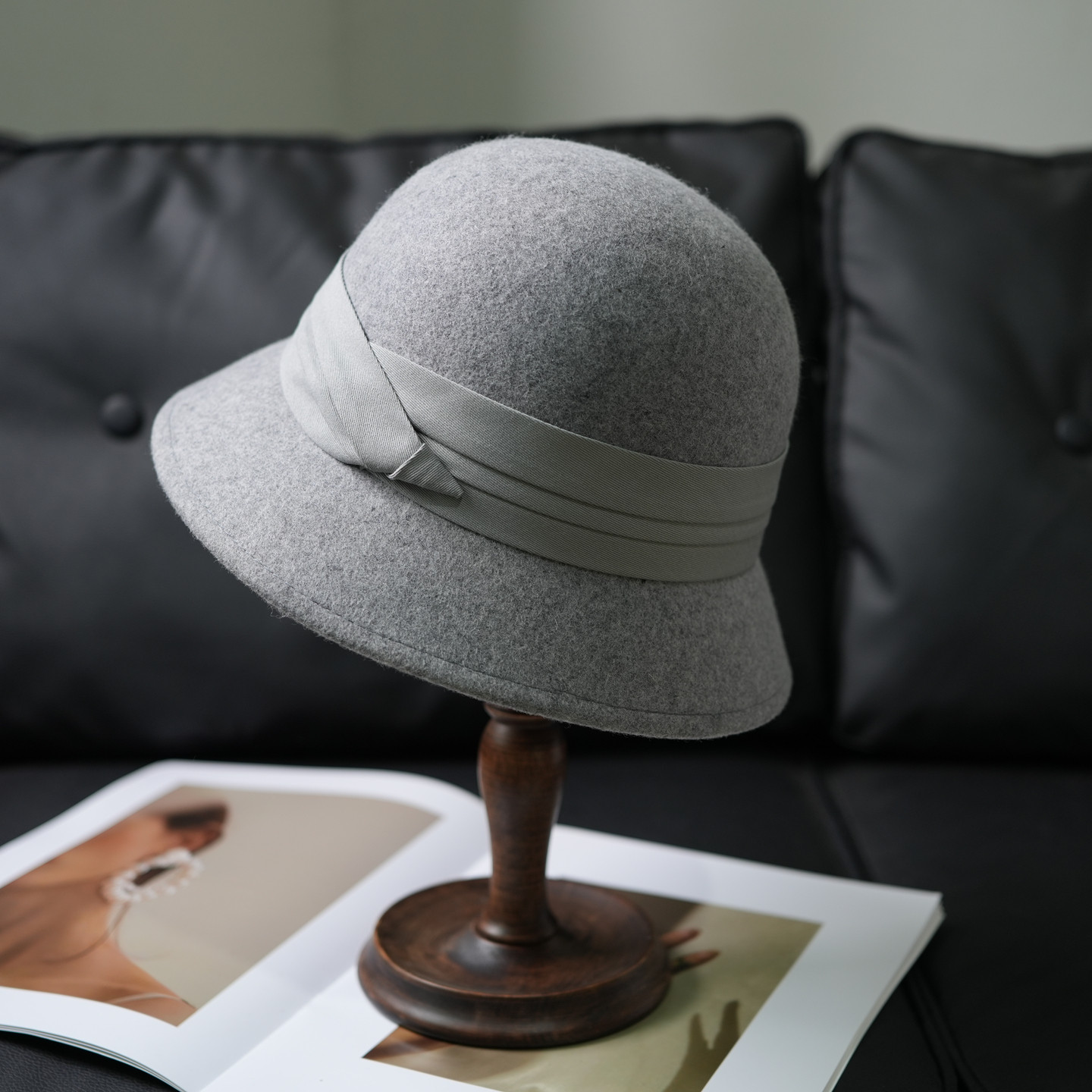 复古高级麻灰色羊毛呢盆帽女秋冬百搭钟型渔夫盆帽时尚保暖小礼帽