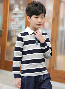 男童t恤长袖春秋款5纯棉6儿童polo衫7条纹8翻领9中小童10薄12岁15