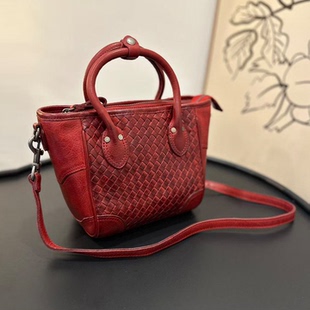 编织菜篮子双面设计机车包植鞣头层牛皮提单肩斜挎包 2026年新品