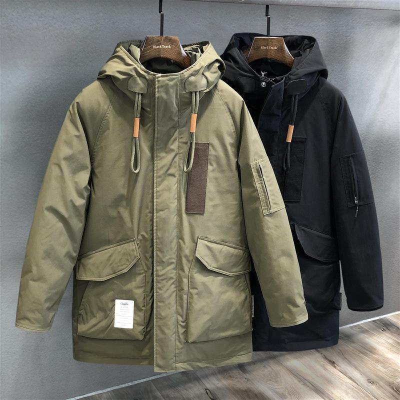 罕见重磅潮牌军绿工装羽绒服男士中长款冬季加厚保暖外套男冲锋衣