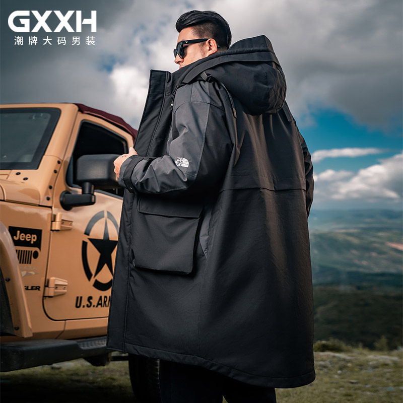 GxxH大码男装加肥加大号男士羽绒服冬季长款胖子连帽撞色工装外套