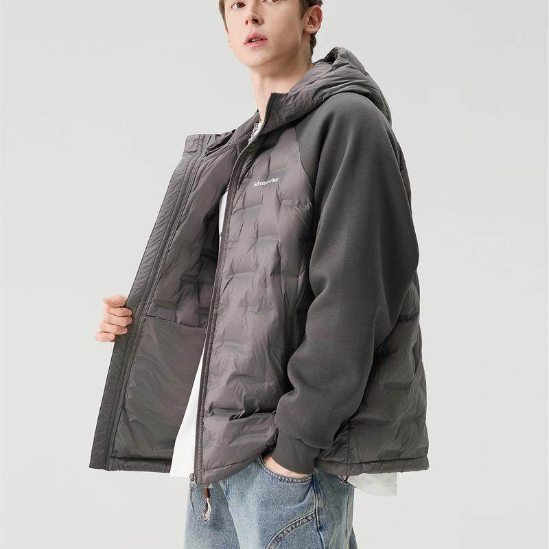 DPX90白鸭绒连帽拼接羽绒服男款冬季美式大码高级感轻薄短款外套