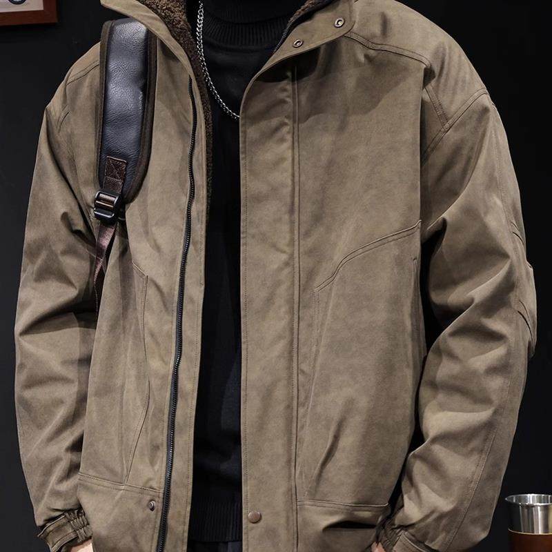 羊羔绒外套男秋冬保暖加厚2025新款男士休闲工装夹克美式棉衣立领