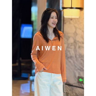 【AIWEN艾芠】亚麻莱赛尔半开襟连帽长袖上衣女NF-Q60500