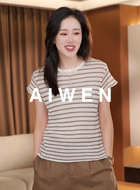 【AIWEN艾芠】夏季新款飞飞袖圆领条纹针织T恤女JZ-X60415