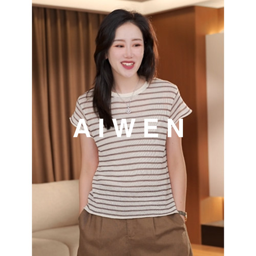 【AIWEN艾芠】夏季新款飞飞袖圆领条纹针织T恤女JZ-X60415
