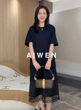 【AIWEN艾芠】夏季新款纯棉宽松直筒蕾丝拼接连衣裙女ZNY-X60474