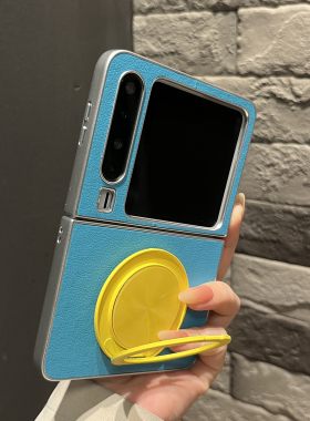 【带支架】银边皮纹折叠两件套蓝色圆形支架适用华为puraX手机壳pocket2翻盖mixflip2防摔Vflip2女zflip7新款