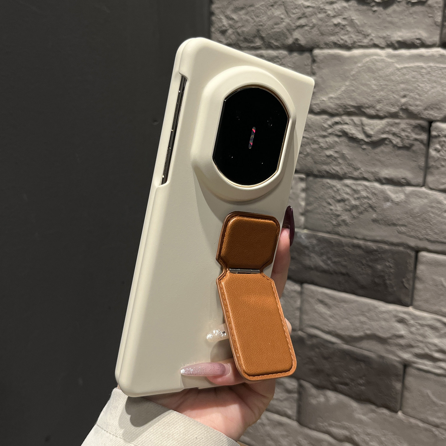 【带支架】小众肤感古董白皮质支架适用华为matex7手机壳新款X