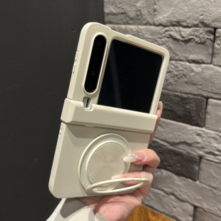 X手机壳pocket2可折叠zflip6极简纯色oppoN3flip女米Xflip外壳 中轴壳膜一体古董白色适用华为pura 带支架