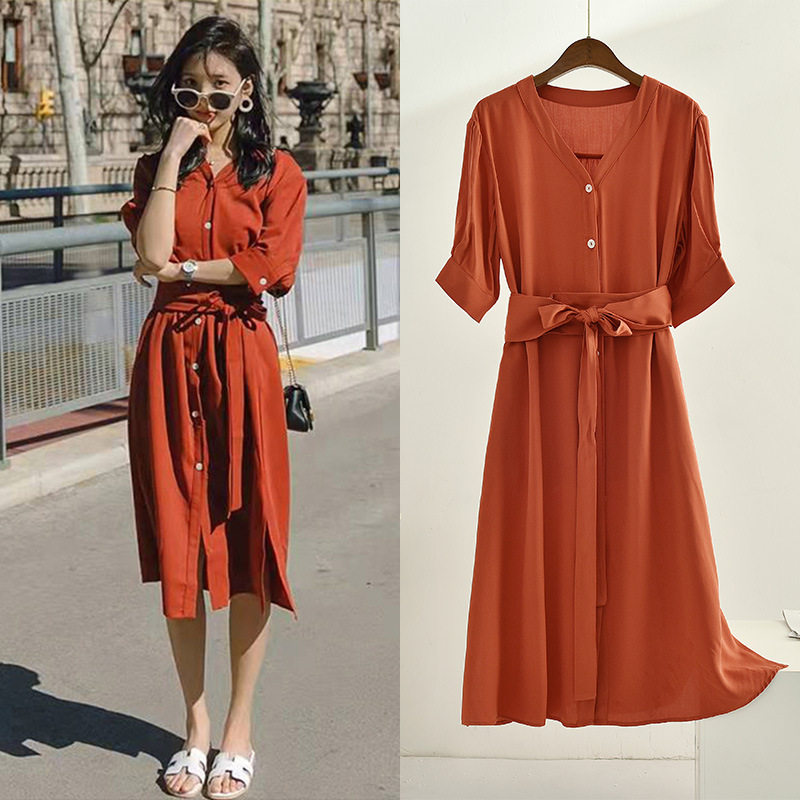 2022夏季新款明星章若楠同款连衣裙宽松休闲绑带收腰纯欲v领长裙