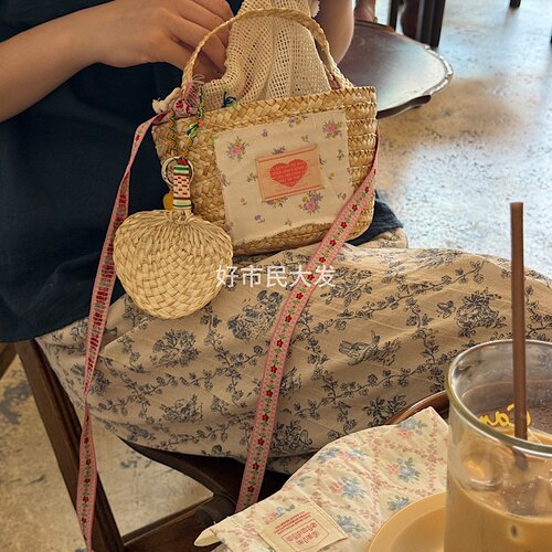 好市民大发自制碎花布料草编包夏日清凉度假沙滩编制百搭斜挎包