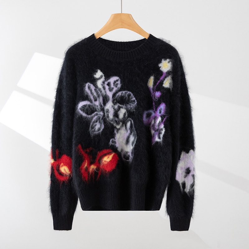 HEART秋冬新款羊绒衫女圆领植物花卉重工提花套头拉绒羊绒毛衣
