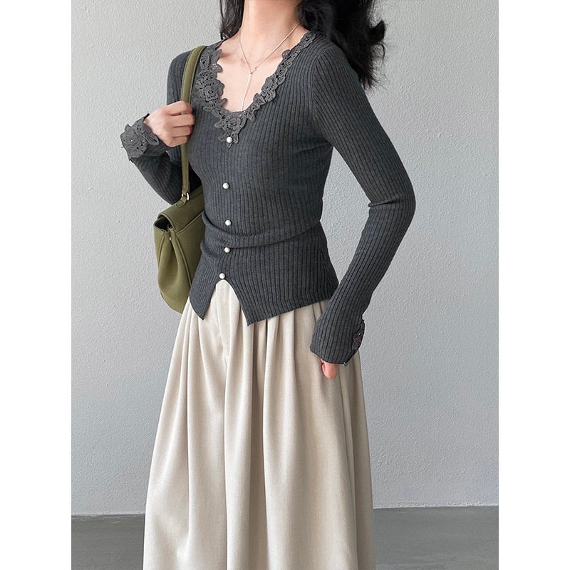 HEART 纸片打底 法式v领花边收腰显瘦针织衫气质感上衣春