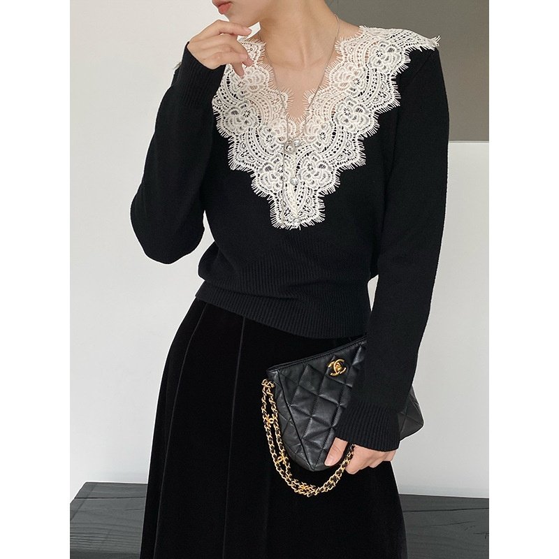 HEART 温柔风蕾丝拼接针织打底衫女2025冬舒适小个子修身毛衣,女装/女士精品,毛针织衫,淘宝优惠券,粉丝福利购,淘宝优惠卷