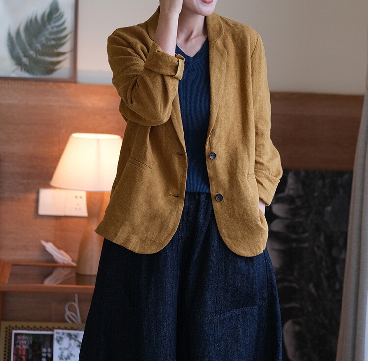 2024初秋新款文艺女装纯亚麻西服外套女多色休闲百搭小西装上衣
