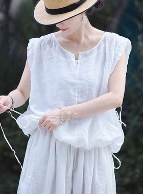 文艺风苎麻无袖衬衫女夏宽松系带防晒罩衫轻盈质感白色上衣