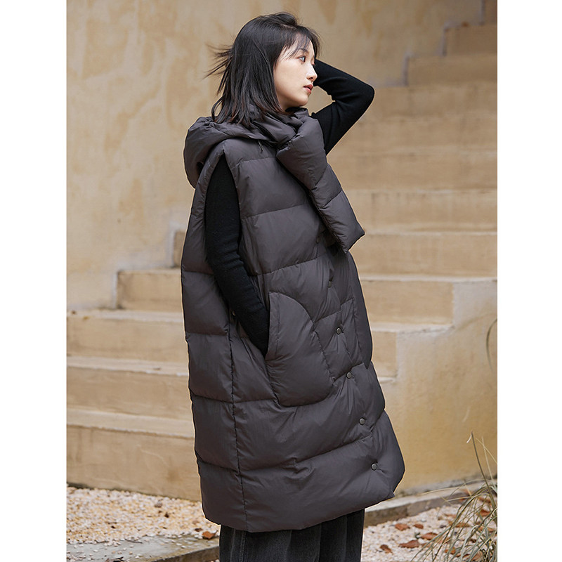 文艺简约连帽可拆中长款羽绒马甲女宽松面包服深色白鸭绒背心外套