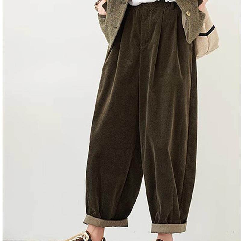 2025秋冬季休闲复古灯芯绒松紧腰廓形宽松空气九分长裤萝卜灯笼裤