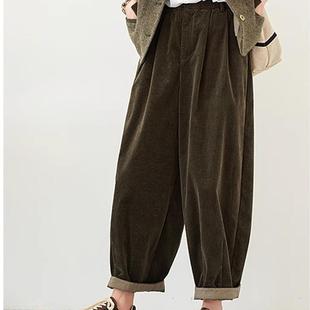 2026春秋季休闲复古灯芯绒松紧腰廓形宽松空气九分长裤萝卜灯笼裤