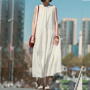 高品质酵素洗软白色无袖全亚麻连衣裙宽松A字气质法式背心裙夏季