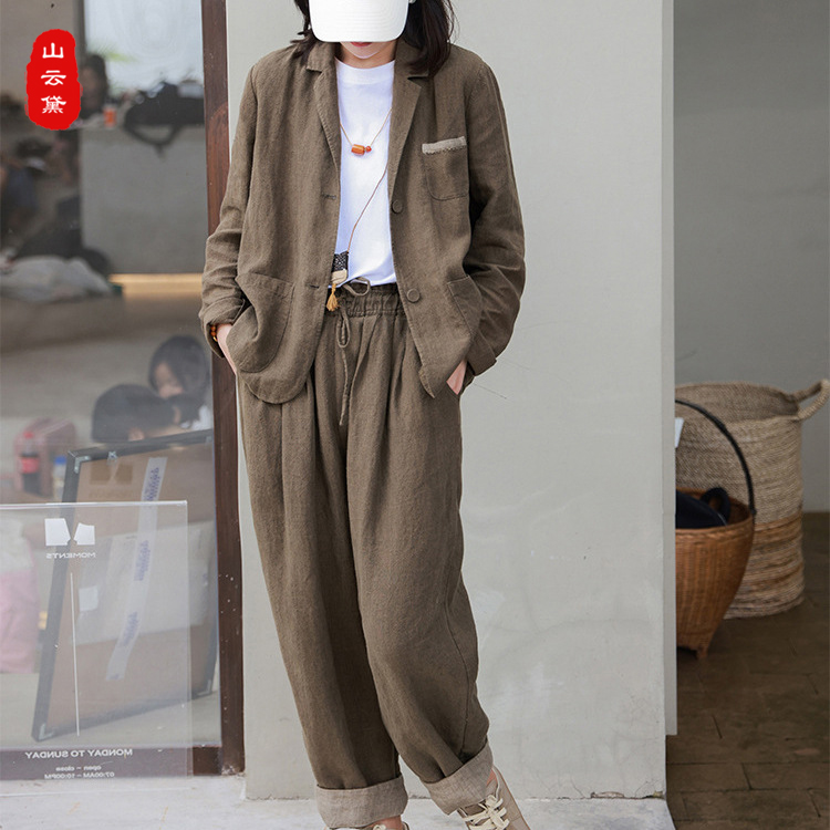 新中式高端品牌纯亚麻西服套装女西装外套松紧腰灯笼萝卜长裤