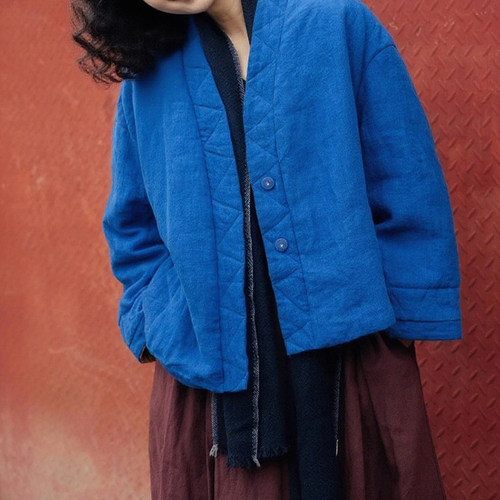 文艺复古轻中式V领短款棉服女冬