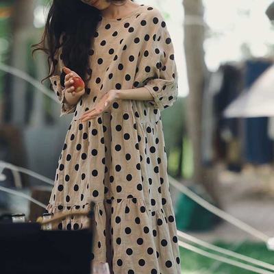 春夏文艺复古宽松大码棉麻女装中长款五分袖波点A字纯亚麻连衣裙