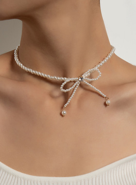 欧美跨境饰品 时尚潮流满珍珠流苏气质项链 镶钻蝴蝶结超仙锁骨