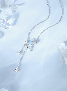 原创蝴蝶流苏夜光项链女纯银韩版森系小清新锁骨链夏季小众