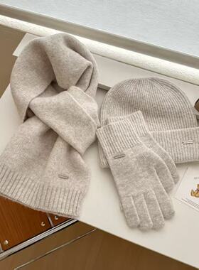 帽子女秋冬羊毛潮韩版保暖三件套头帽纯色百搭显脸小手套围巾