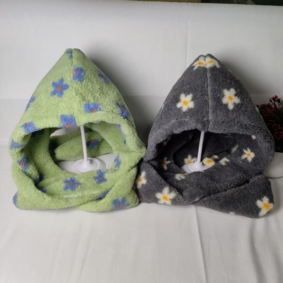 韩国chic秋冬季可爱花朵帽子围脖一体减龄毛绒帽保暖显脸小大头围