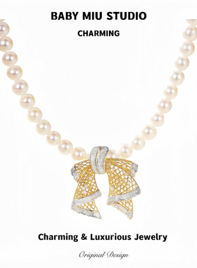 重工拉丝蝴蝶结珍珠项链复古百搭