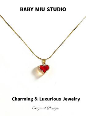 轻奢红色爱心吊坠金色锁骨链