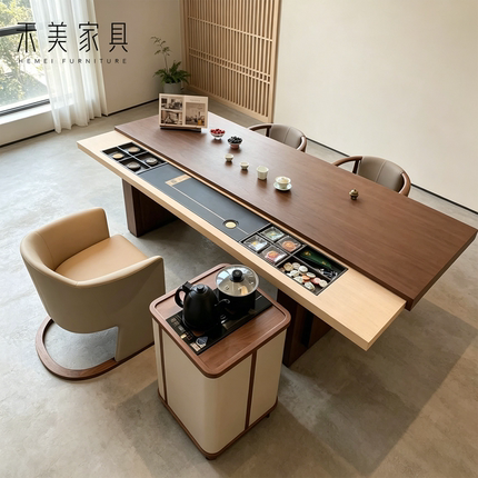 新中式北美黑胡桃木二合一茶桌书桌极简推拉别墅总裁办纯榫卯高端