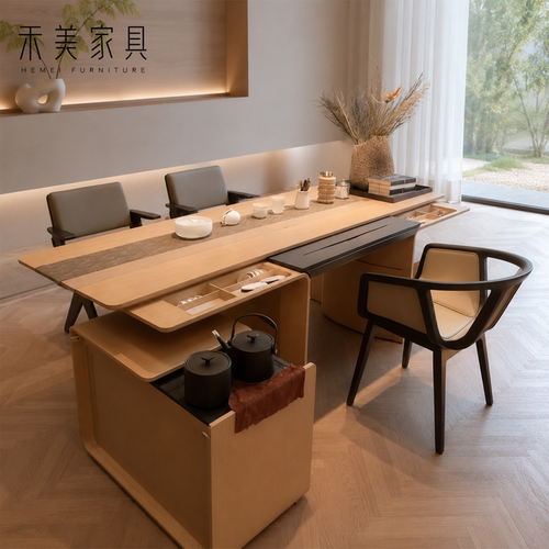 新中式实木推拉茶桌书桌二合一