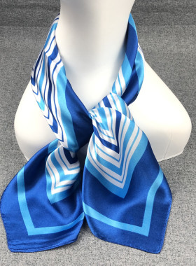 春秋蓝色条纹空姐丝巾女百搭银行酒店小方巾演出活动职业工服围巾