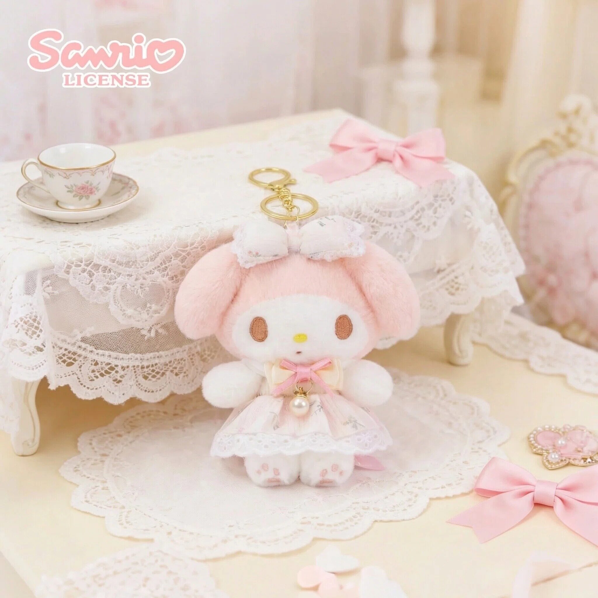 三丽鸥正品粉色蕾丝裙美乐蒂毛绒公仔玩偶女小挂件钥匙扣mymelody