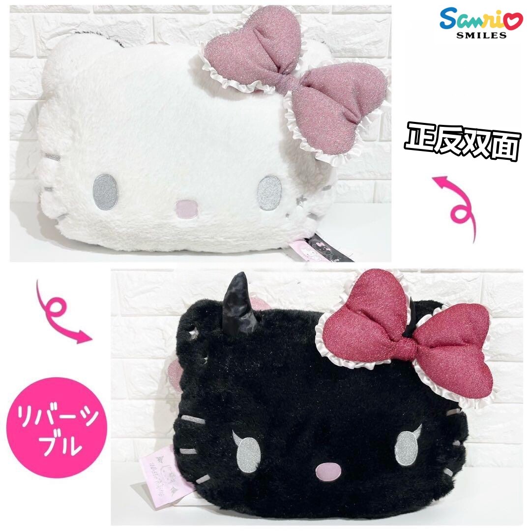 日本正版hellokitty天使恶魔正反双面毛绒抱枕靠垫黑白凯蒂猫家居