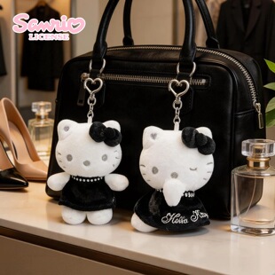 三丽鸥正版黑丝绒复古hellokitty毛绒公仔挂件黑白色凯蒂猫钥匙扣
