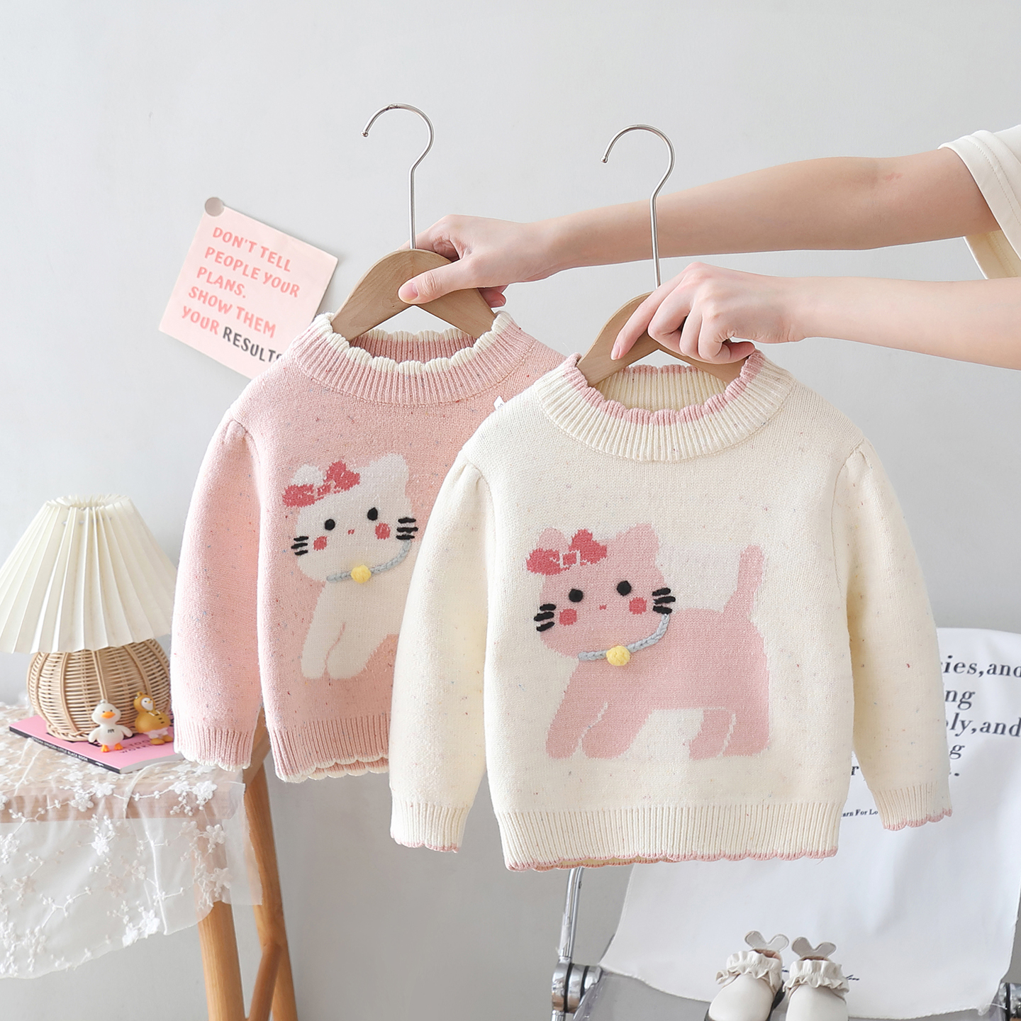 韩版冬季女童加绒撞色毛衣百搭