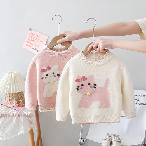 韩版冬季女童加绒撞色毛衣百搭