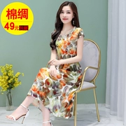 Váy lụa cotton cho phụ nữ trung niên mới 40-50 tuổi Váy cỡ lớn tay ngắn mùa hè cho mẹ đầm thon - Phụ nữ cao cấp