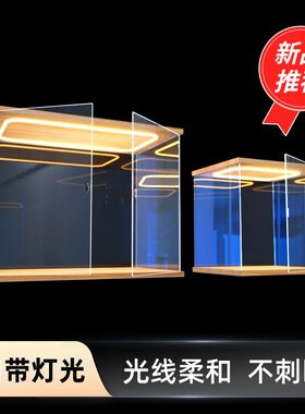带灯盲盒收纳展示架泡泡玛特手办盒透明实木防尘展示盒大容量盒子